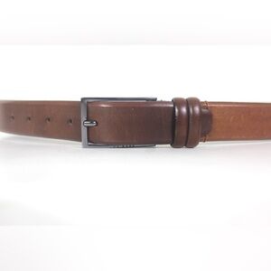 HUGO BOSS Tan Leather Belt with a Dark Silver Metal Buckle Handmade in Tunisia